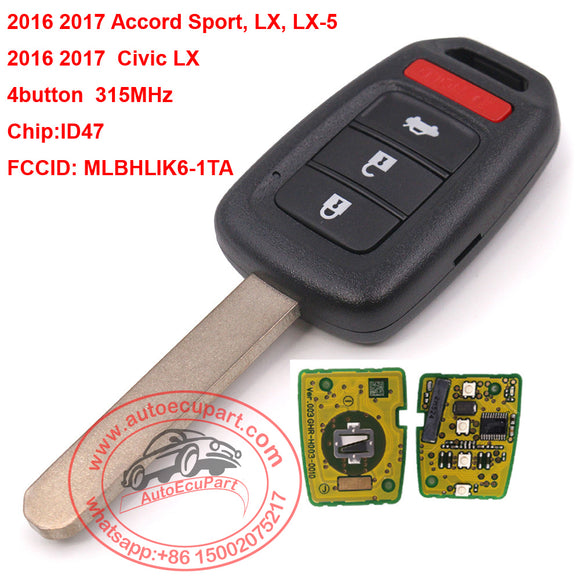 Replacement Remote Key 4B 315MHz ID47 for Honda Civic CR-V 2016-2017 FCCID: MLBHLIK6-1TA