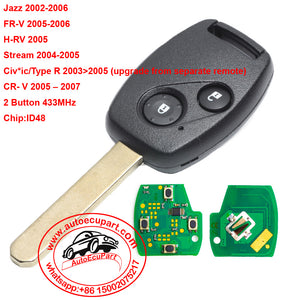 Remote Key Fob 2 Button 433MHz ID48 Chip for Honda Jazz Civic, HRV, FRV, Stream CR-V 2002-2005 Euro