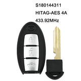 3 Button S180144311 Smart Key 433.92MHz HITAG-AES 4A Chip for Nissan Teana 2016-2017