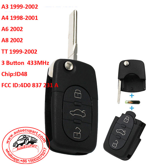 3 Button Folding Keyless Remote Key Fob For Audi A3 A4 A6 Old Models 433Mhz With ID48 Chip 4D0 837 231 A