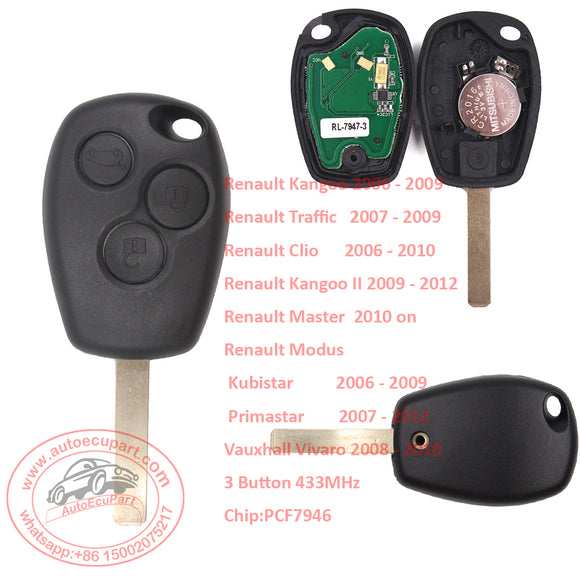 Replacement Remote Key Fob for Renault Kangoo Master,3 Button,433MHz,PCF7946