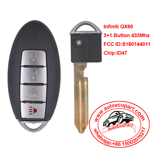 Smart Remote Car Key 4 Button Fob 433.92MHz ID47 Chip for Infiniti QX60 P/N: S180144011