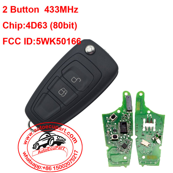 Original Ford 2 button remote key with 433mhz, 4D63 (80bit) chip AB39-22053-BA FCC ID:5WK50166