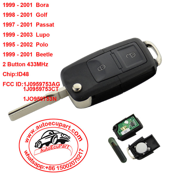 Flip Remote Switchblade Key Fob Case 433MHz ID48 Chip For VW VOLKSWAGEN Bora Golf 4 1J0959753AG 1J0959753CT 1JO959753N