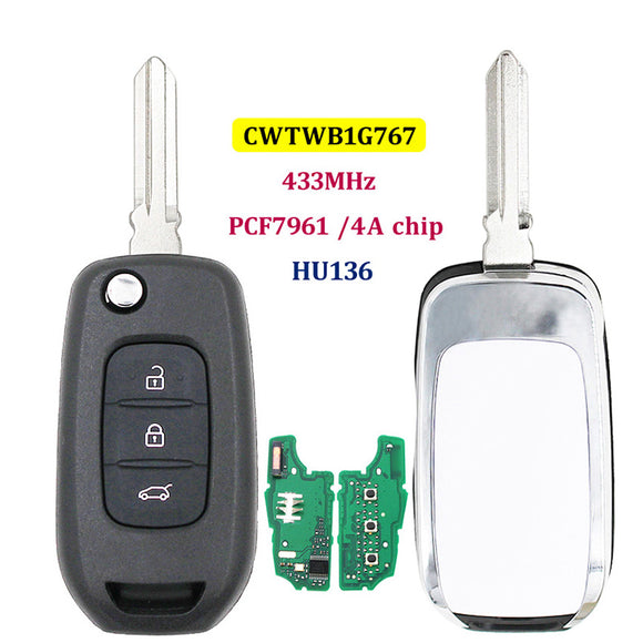 CWTWB1G767 HU136te PCF7961 4A 433MHz 3 Button Flip Remote Key for Renault Kadjar Captur Megane 3 Symbol