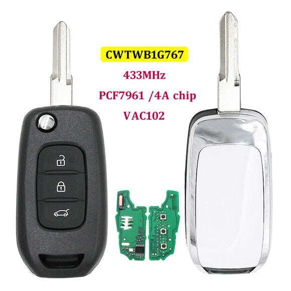 CWTWB1G767 VAC102 PCF7961 4A 433MHz 3 Button Flip Remote Car Key for Renault Kadjar Captur Symbol Megane3 Dacia Duster