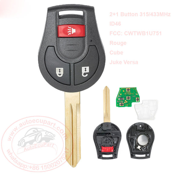 CWTWB1U751 Remote Key Fob 3 Button 315MHz/433MHz ID46 Chip for Nissan Rouge Cube Juke Versa