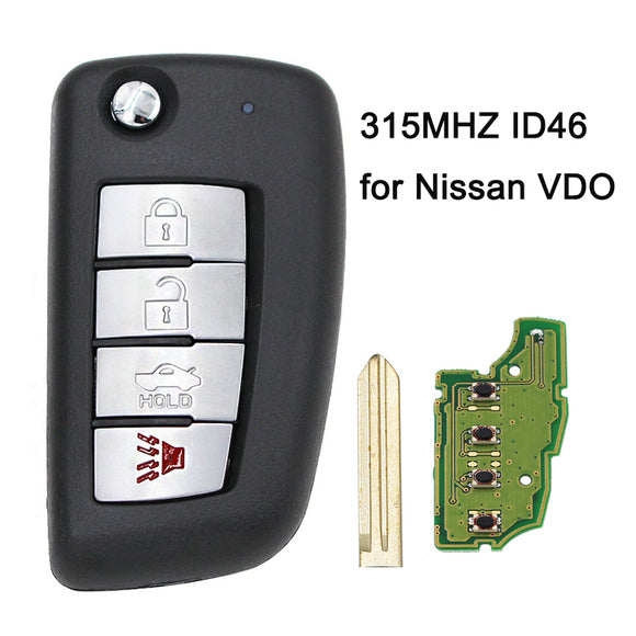 Modified Flip Remote Key Fob 315MHZ ID46 chip for Nissan VDO 4 Button