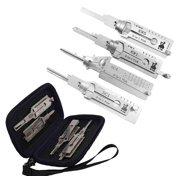 4pcs/lot Original Lishi Lock Pick 2-in-1 Decoder (SC1, SC4, KW1, KW5) & Magnetic Carrying Case (Bundle of 4)