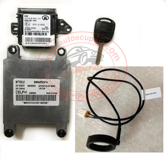 Original New Delphi MT20U2 ECU 28167827 B6000283 SMW250974 + Immobilizer 3605130-P00 + Antenna 3605120-P00 + Remote Control Key DR01 433MHz for Great Wall Wingle 3, 5, COWRY