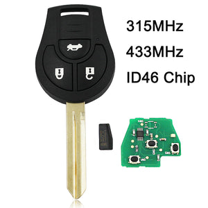 Remote Key Fob 433MHz/ 315MHz ID46 Chip for NISSAN Micra X-Trail Terrano 3 Button