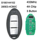285E3-4CB0C S180144102 Keyless Entry Smart Remote Key 433MHz HITAG AES 4A Chip for Nissan Juke Qashqai X-Trail 3 Button