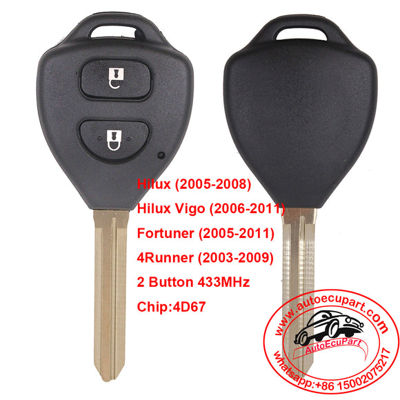 2 Button 433MHz Remote Key Fob with 4D67 Chip for Toyota Hilux Fortuner 4Runner
