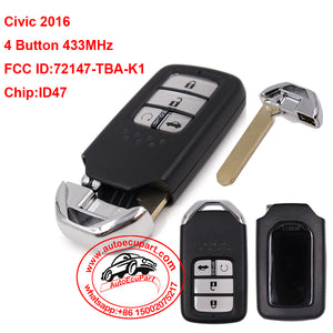 Smart Remote Car Key Fob 4 Button 433MHz ID47 Chip for Honda Civic 2016 FCC ID:72147-TBA-K1