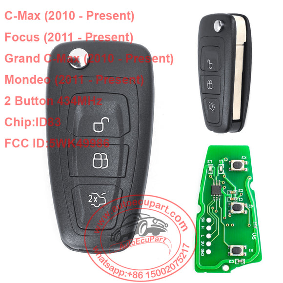 Folding Remote Key 2 Button 434MHz ID83 Chip for Ford Focus C-Max Mondeo Grand C-Max Uncut Blade HU101  FCC ID:5WK49986
