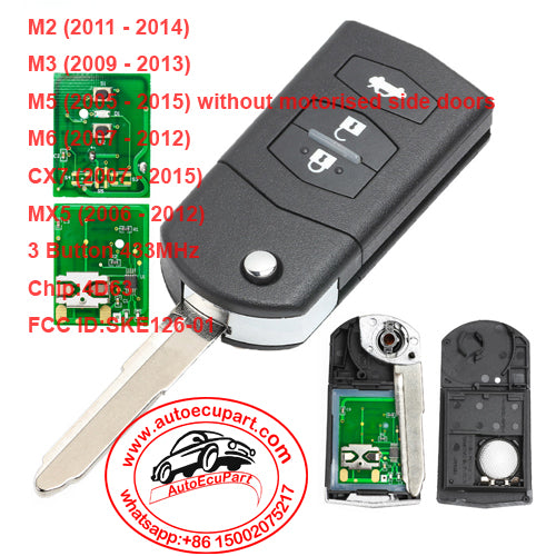 Flip Remote key 3 Button 433MHz 4D63 Chip for Mazda 2 / 3 / 5 / 6 / MX5 / CX7 (SKE126-01)
