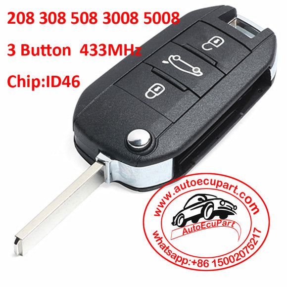 New Remote Key Fob 3 Button 433MHz With ID46 Chip Inside for Peugeot 208 308 508 3008 5008 Uncut blade with groove