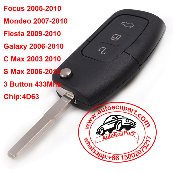 Remote Key Fob 3 Button 433MHz With Chip 4D63 for Focus Mondeo C Max S Max Galaxy Fiesta HU101 Blade