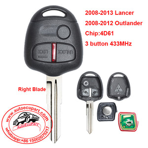 Remote Control Key 3 Button 433MHz 4D61 Chip for Mitsubishi Outlander 2008-2012