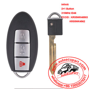 Smart Remote Key 2+1 Button 315MHz ID46 Chip for Infiniti FCCID : KR55WK48903 or KR55WK49622
