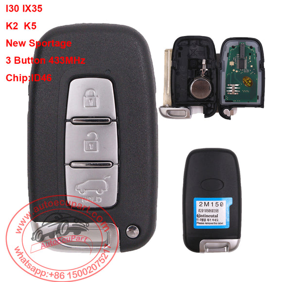 Smart Remote key Keyless Entry Fob 3 Button 433MHz With ID46 Chip for Kia K2 K5 New Sportage