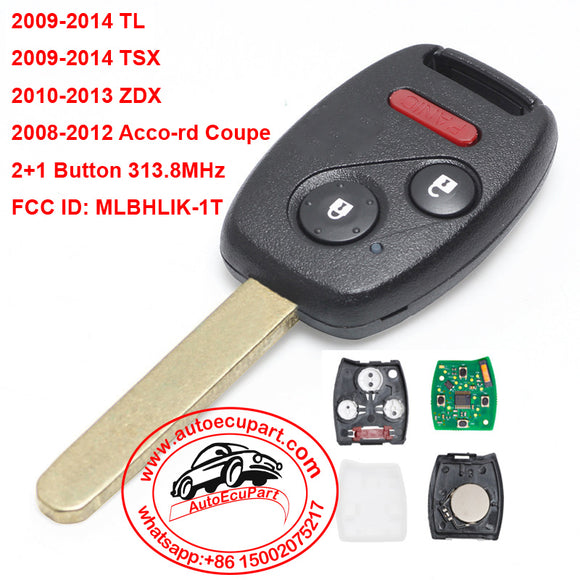 Remote Car Key Fob 2+1 Button 313.8MHz for Honda Accord Coupe Only / Acura TL TSX ZDX 2008-2012 FCC ID: MLBHLIK-1T