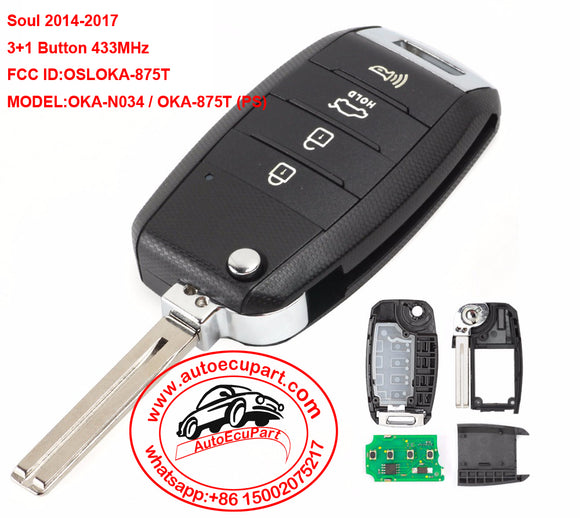Flip Remote Car Key Fob 3+1 Button for Kia Soul 2014-2017 433MHz FCC ID: OSLOKA-875T