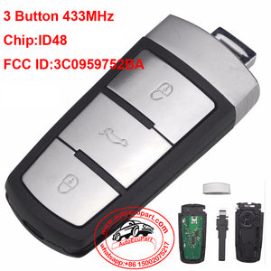 3 Buttons Entry Fob 3C0959752BA ID48 Remote Car Key Shell Case Replacement 433Mhz for VW Passat CC