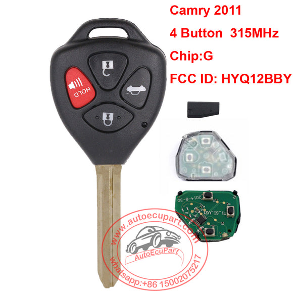 Remote Car Key 315Mhz G Chip 4 Button Fob Keyless Entry FCC ID: HYQ12BBY for Toyota Camry 2011