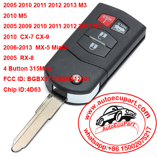 Flip Remote Key 4 Button 315MHz 4D63 Chip Fob for Mazda 3 6 MX-5 Miata 2005-2010 FCC: BGBX1T478SKE125-01