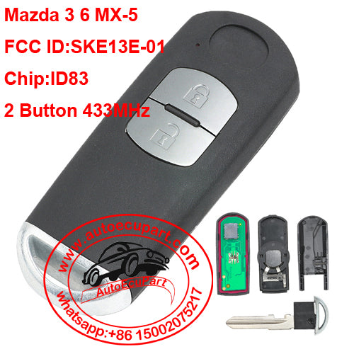 Remote Key Fob 2 Button 433Mhz ID83 Chip for Mazda 3 6 MX-5 FCC ID:SKE13E-01