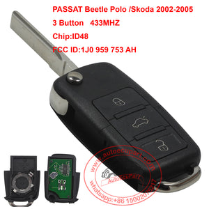 1J0959753AH 434MHz ID48 Chip 3 Buttons Flip Fold Uncut Remote Key for VW PASSAT Beetle Polo /Skoda 2002-2005 Car Remote Key FOB