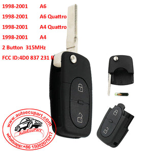 2 Buttons Flip Remote Key Fob With ID48 Chip 315MHZ for Audi A6 A4 A6 Quattro FCC ID : 4D0 837 231 R