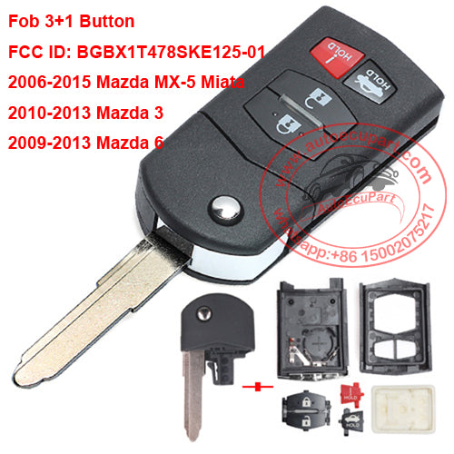 Flip Remote Key Case Shell Fob 4 Button for Mazda 3 6 MX-5 Miata 2006-2015